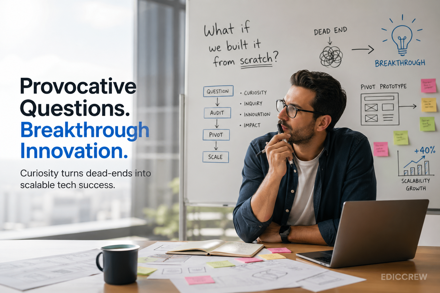 Curiosity leadership in action: a thoughtful tech professional studies a whiteboard filled with “what if” questions, pivot diagrams, and prototype sketches, turning a dead-end idea into a clear innovation pathway in a modern office workspace.