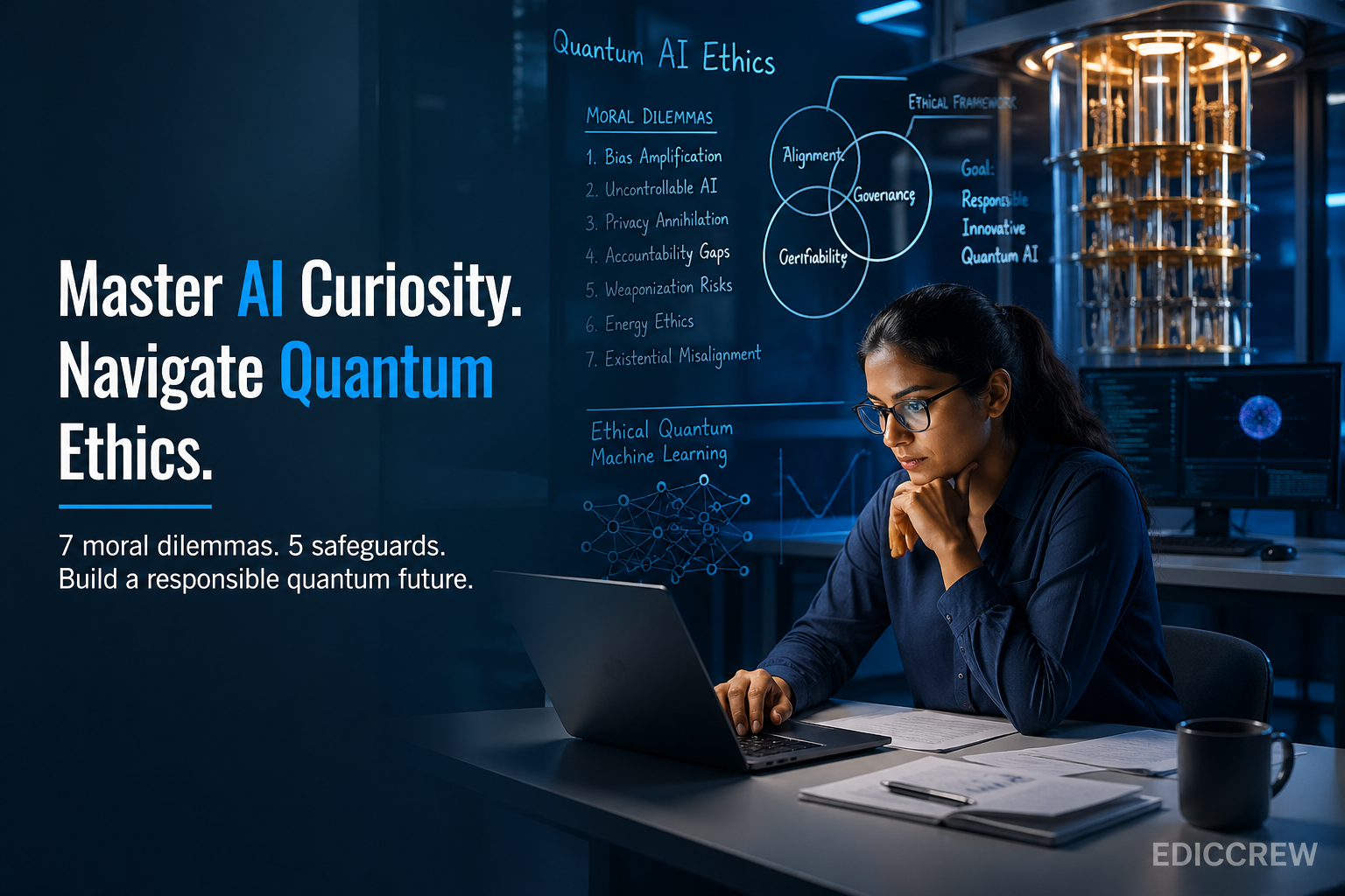 A focused young professional sits at a desk in a modern, softly lit quantum computing lab, studying ethical frameworks displayed on a transparent board beside a glowing quantum machine. A laptop, notebook, and pen lie neatly on the desk, while diagrams about AI ethics, moral dilemmas, and governance structures are visible in the background. Clean negative space appears on the left for headline text, and a subtle “EDICCREW” watermark is placed in the bottom corner.