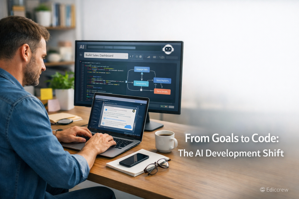 Developer using AI to generate software from intent, illustrating AI eating software, intent-driven development, and the agentic AI revolution in a real workspace