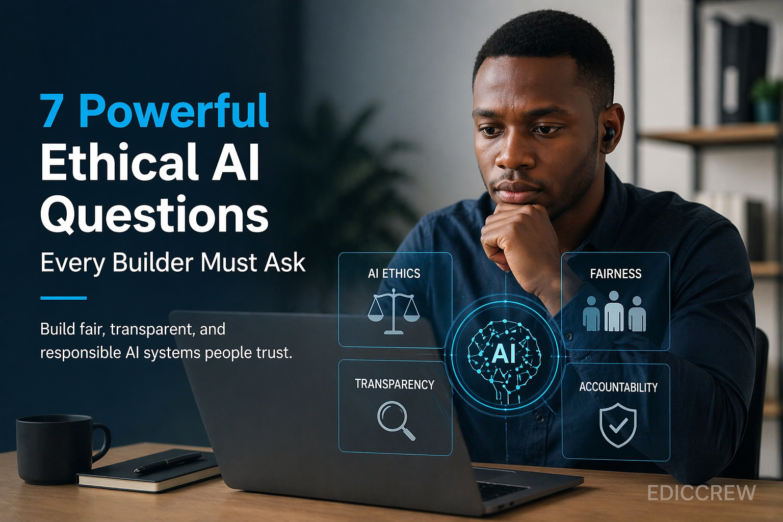 ethical AI questions explored by a focused developer reviewing fairness, transparency, and accountability concepts on a laptop in a modern workspace, highlighting responsible AI decision-making and human-centered system design
