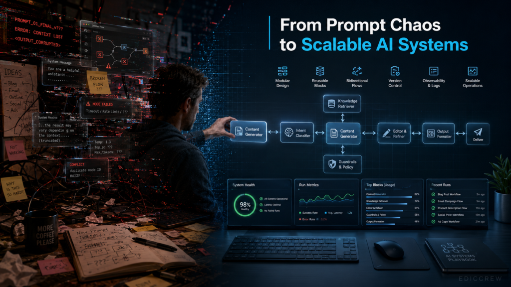 Split-screen graphic showing the transformation from chaotic AI prompting to structured AI workflows. Left side displays tangled, fragmented glowing text and broken lines on a dark background with red-orange tones. Right side shows clean, modular nodes connected by arrows and feedback loops in cyan and blue on a dark grid. A stylized hand bridges the two sides, moving a module from chaos to order.